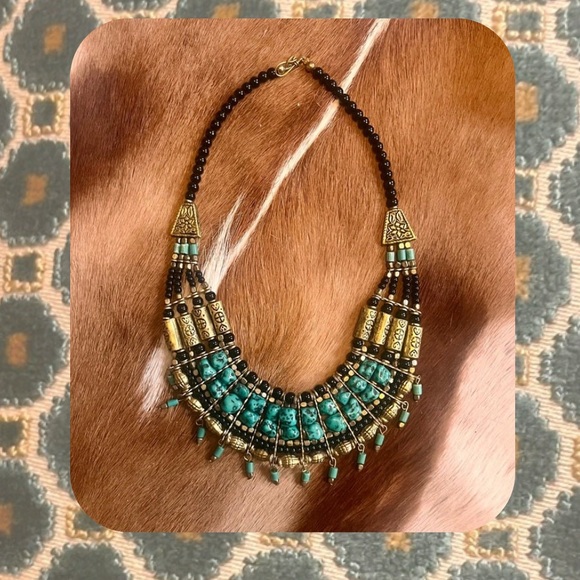 south africa 🇿🇦 boho turquoise black gold boho fringe statement necklace - Picture 3 of 12